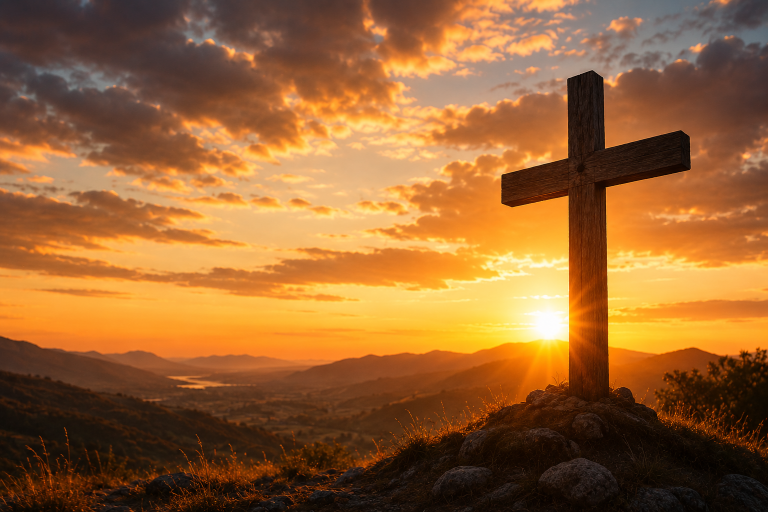 Cruz de madeira sobre uma colina ao pôr do sol com céu dourado