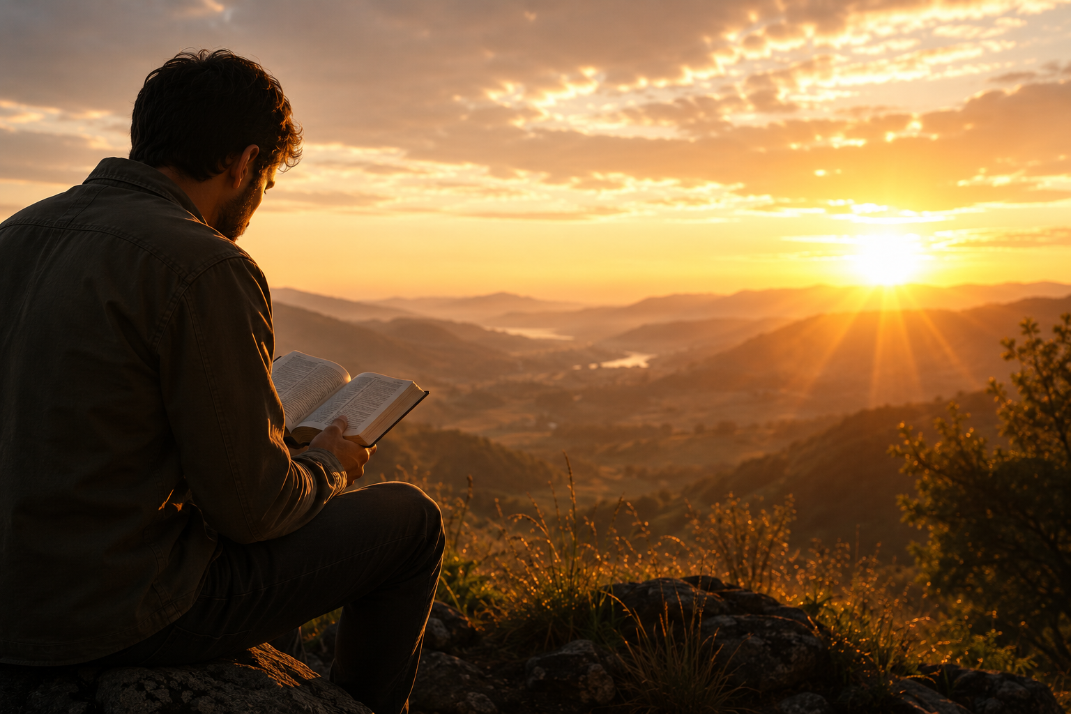 Pessoa lendo a Bíblia ao nascer do sol, transmitindo paz e intimidade com Deus