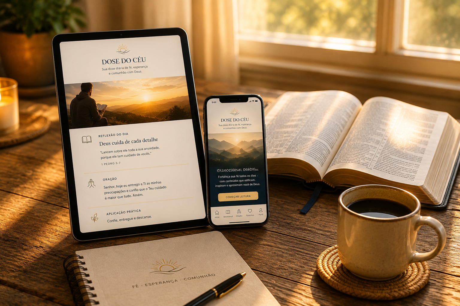 Devocional digital exibido em tablet e celular ao lado de uma Bíblia aberta e uma caneca de café